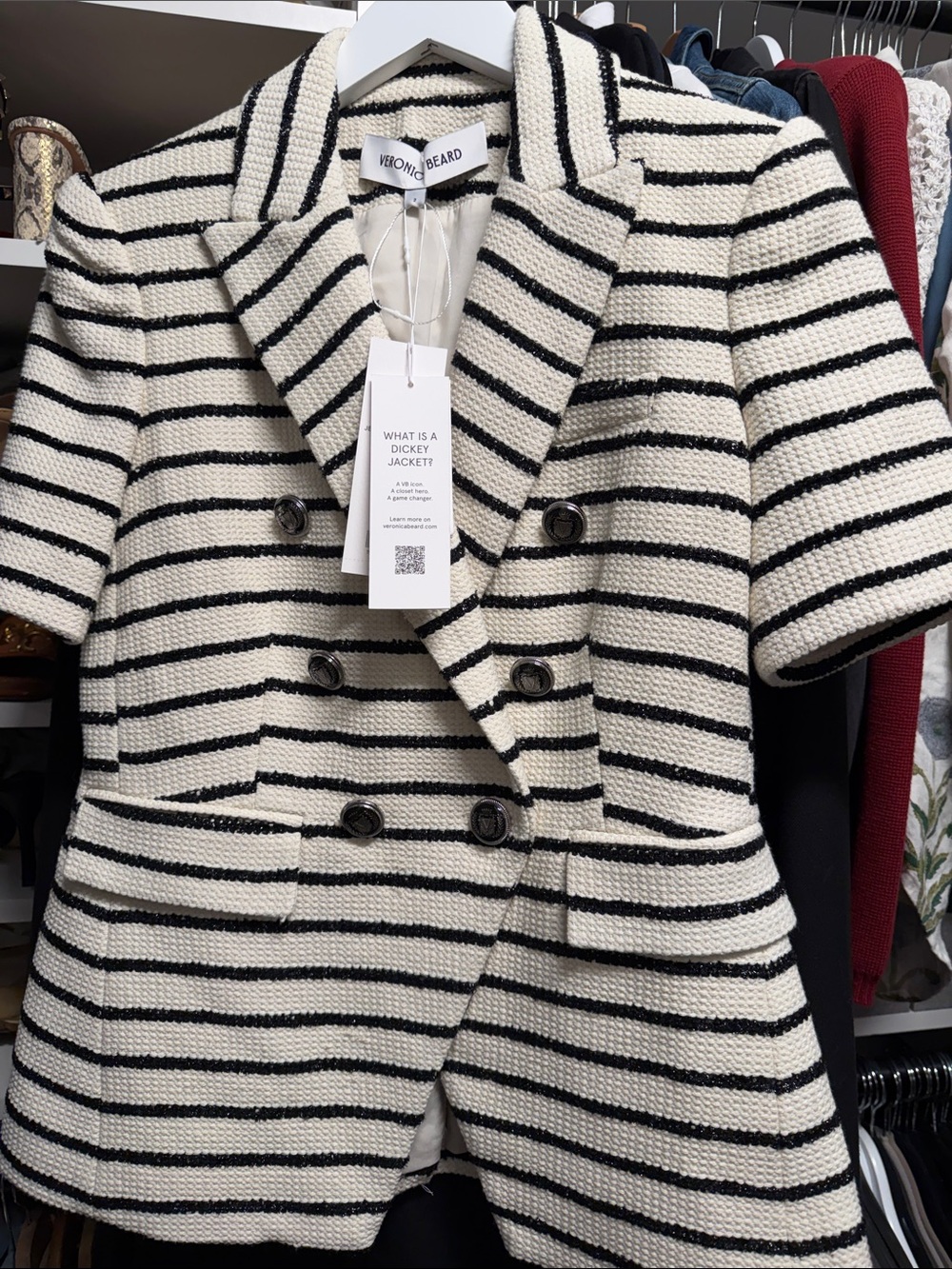 Veronica Beard Jenny Dickey Striped Double-Breasted Short-Sleeve Jacket - Picture 4 of 6